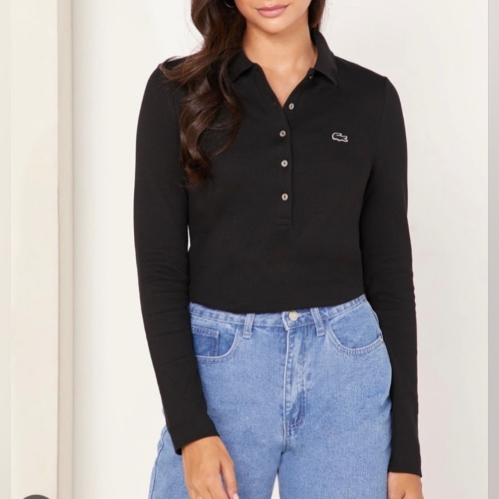 2/$99 Lacoste Women’s Long Sleeve Black Collar Polo Shirt with Buttons